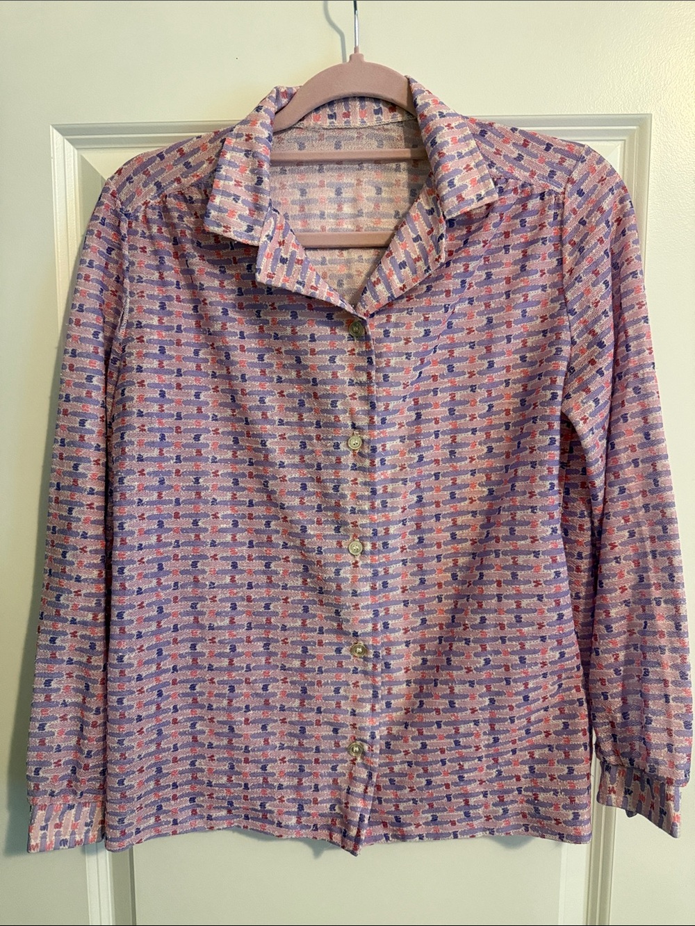 Vintage Patterned Sheer Button-Up Blouse
